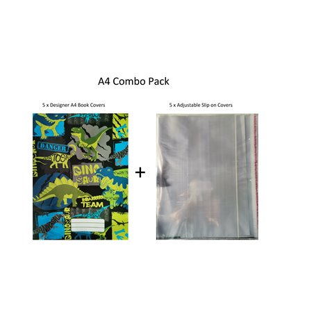 Marlin - A4 Dino Book Covers + Plastic Slip On Covers (5 Pack)