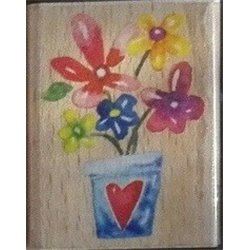 Wooden Rubber Stamp - Flower Vases - Blue Heart