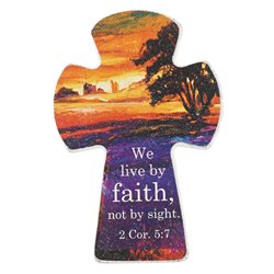 Christian Art Gifts - Wooden Cross Magnet - We live by Faith